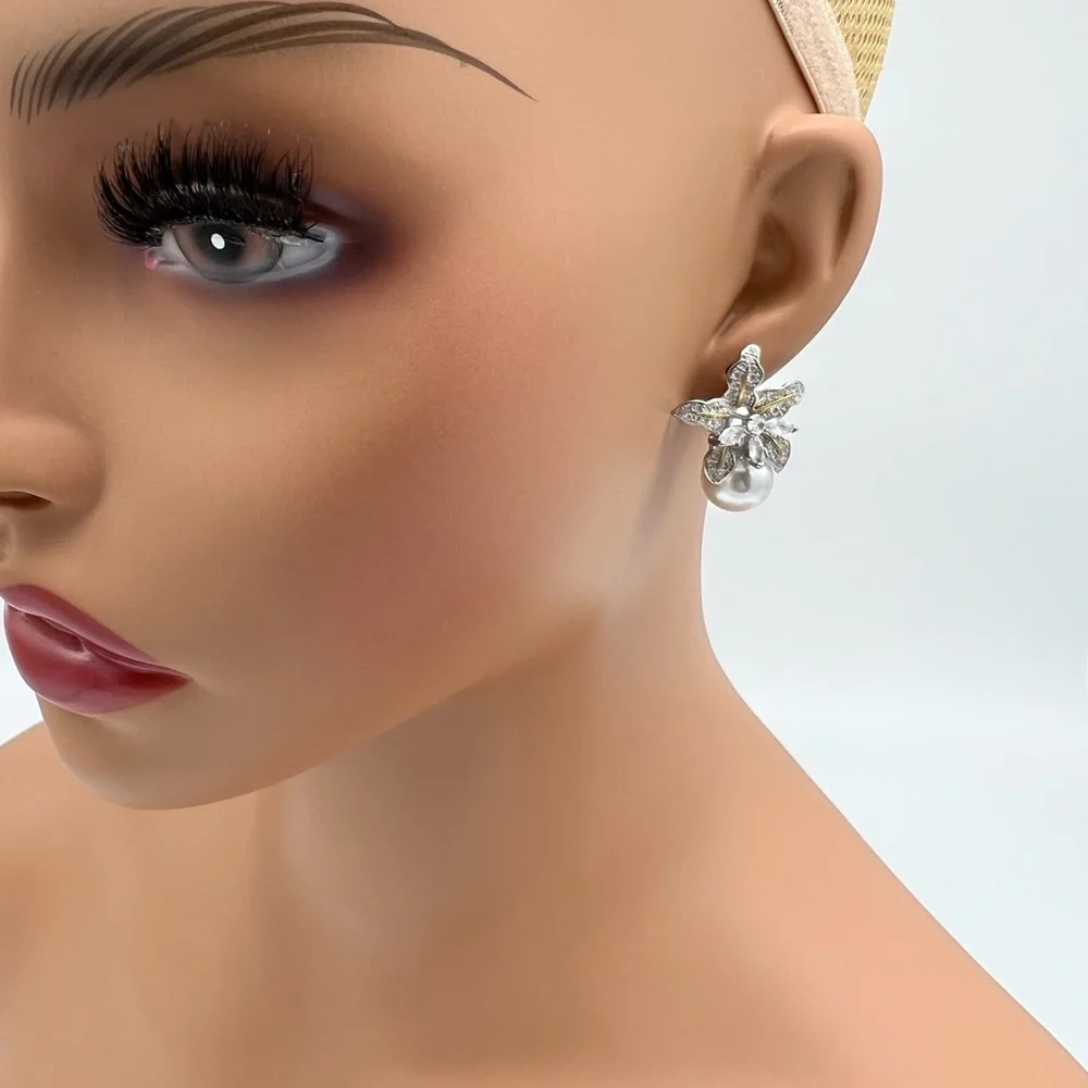 CZ Flower Cluster Pearl Earrings_6